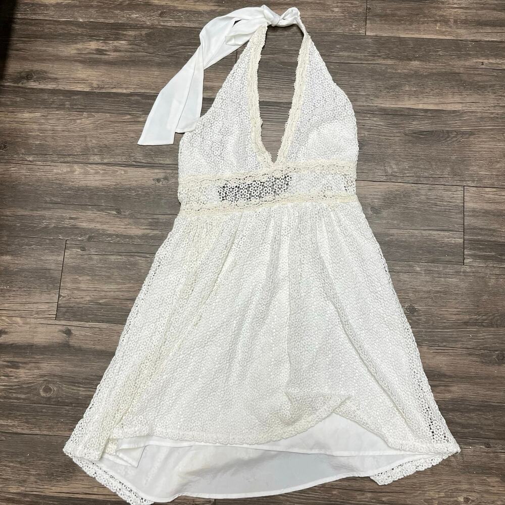 Free People So Sweetly White Crochet Halter Mini Dress Cotton Lace 10 Romantic - Picture 5 of 7